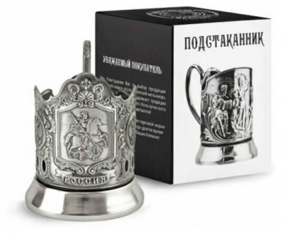 С7408/30 Подстаканник "Георгий Победоносец" никелированный с чернением, стакан, ложка,подарочная уп